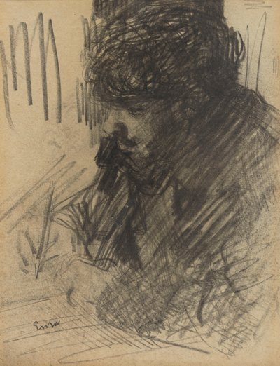 Porträtt av Dario de Regoyos när han skriver av James Ensor