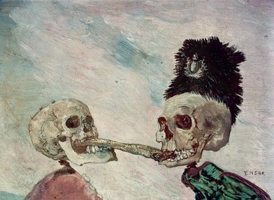 Skelett som slåss om en sill (olja på panel) av James Ensor