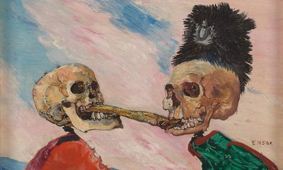 Skelett som slåss om en inlagd sill, 1891. av James Ensor