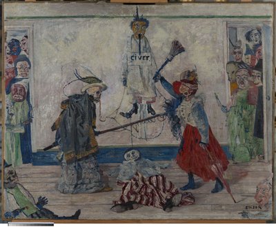 Skelett som slåss om kroppen av en hängd man av James Ensor