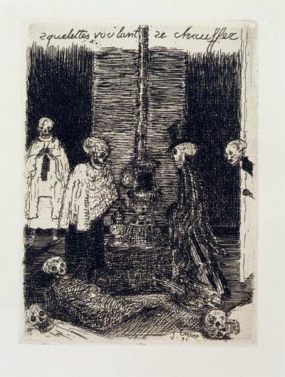 Skelett som försöker värma sig av James Ensor