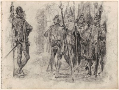 Skisser av figurer och fem spanska soldater med lansar av James Ensor