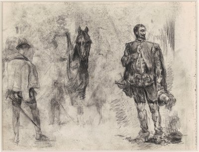 Spanjor sedd bakifrån, ryttare och spanjor med ett upplyft finger av James Ensor