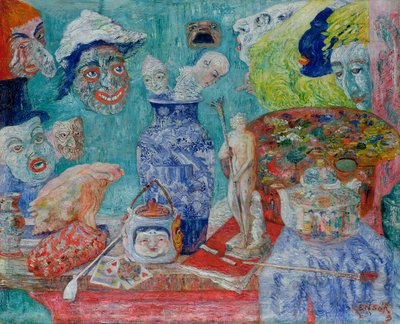 Stilleben med masker (Bric-a-Brac) 1896 (olja på duk) av James Ensor