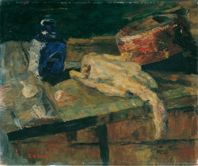 Stilleben med blå flaska och plockad kyckling av James Ensor