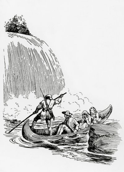 Huvudpersonerna i en kanot vid ett vattenfall, illustration till The Last of the Mohicans av James Fenimore Cooper, Principato Editore, Milano av James Fenimore Cooper