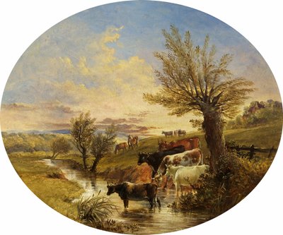 Landskap med bäck och boskap, 1888 av James Flewitt Mullock