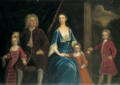 Gruppporträtt av Henry, 5:e Lord Arundell av Wardour och hans fru Elizabeth, tillsammans med deras barn, i en interiör, ett landskap bortom av James Francis Maubert