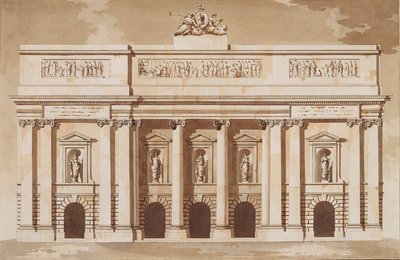 Höjd för West Front of Parliament House, Dublin, c.1787 (penna och pensel med brunt bläck och wc på lagt papper) av James Gandon