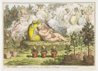 Orangeriet: Den holländska cupiden, vilar från planteringarnas trötthet, 1796 Orangeriet; eller den holländska Amor som vilar, efter planteringens trötthet (titel på objekt) av James Gillray (signed by artist)