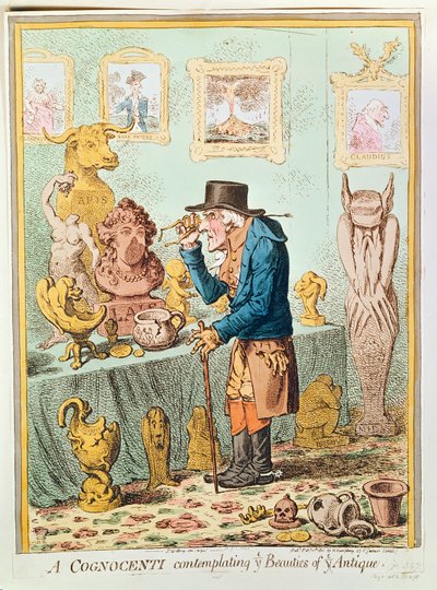 A Cognocenti Contemplating Ye Beauties of Ye Antique, publicerad av Hannah Humphrey, 1801 (handfärgad etsning) av James Gillray