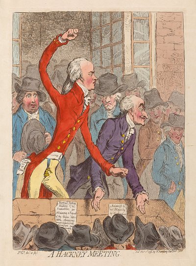 Ett Hackney-möte, pub. 1796 (handfärgad gravyr) av James Gillray