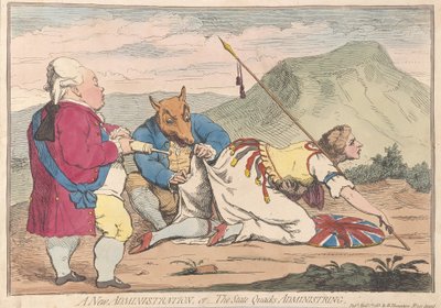 En ny administration eller The State Quacks Administring, pub. 1783 (handfärgad gravyr) av James Gillray