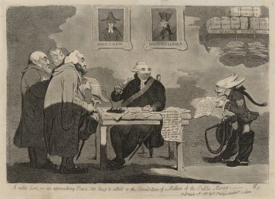 En ädel herre som närmar sig fred för upptagen för att ta hand om utgifterna för en miljon av de offentliga pengarna [verso] av James Gillray