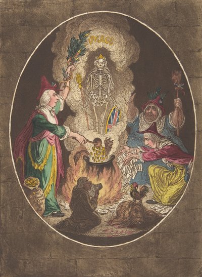 A Phantasmagoria, — Scene-Conjuring-Up an Armed-Skeleton, 5 januari 1803., 5 januari 1803. av James Gillray