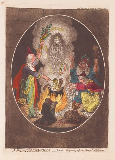 A Phantasmagoria: Scene - Trolla fram ett beväpnat skelett, pub. 1803 (handfärgad gravyr) av James Gillray