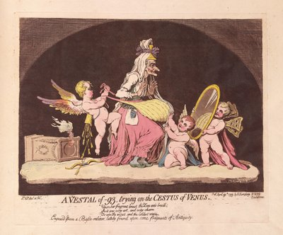 En Vestal av -93, provar på Cestus of Venus, pub. 1793 (handfärgad gravyr) av James Gillray