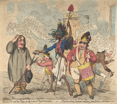 Alecto and Her Train, at the Gate of Pandaemonium:-eller-The Recruiting Sarjeant Enli..., 4 juli 1791. av James Gillray