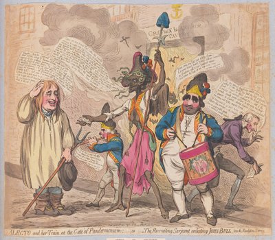 Alecto and her Train at the Gate of Pandaemonium eller The Recruiting Sarjeant som värvar John Bull till Revolution Service, pub. (handfärgad gravyr) av James Gillray
