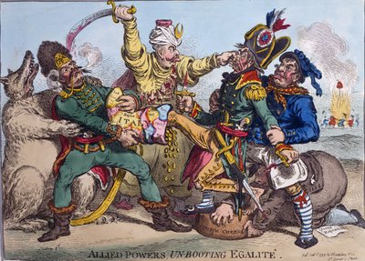 Allied Powers Un-booting Egalite, publicerad av Hannah Humphrey 1799 (handfärgad etsning) av James Gillray