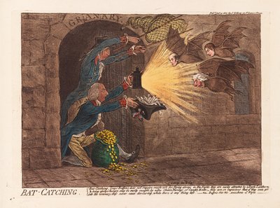 Bat Catching, pub. 1803 (handfärgad gravyr) av James Gillray