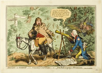 Tiggeri och inte rån; dvs. frivilligt bidrag eller John Bull som undkommer ett påtvingat lån av James Gillray