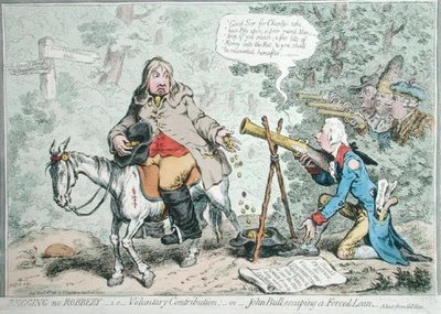 Begging no Robbery: d.v.s. frivilligt bidrag, eller John Bull som flyr ett påtvingat lån, publicerad av Hannah Humphrey 1796 (handfärgad etsning) av James Gillray