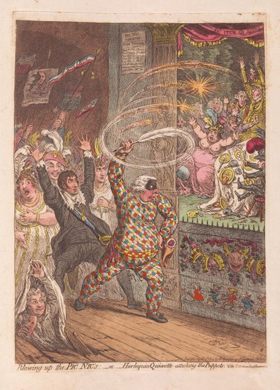 Spränger Pic Nics eller Harlequin Quixotte attackerar Puppets, pub. 1804 (handfärgad gravyr) av James Gillray