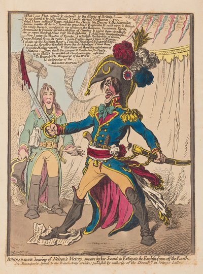 Bonaparte som hör av Nelsons Victory svär vid sitt svärd för att utrota engelsmännen från jorden, pub. 1798 (handfärgad gravyr) av James Gillray