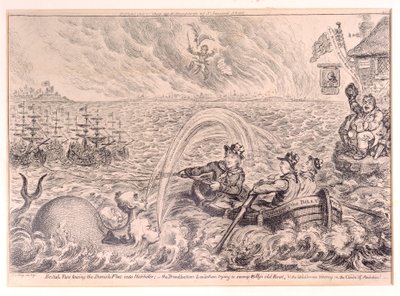 British Tars bogserade den danska flottan i hamnen, 1807 av James Gillray