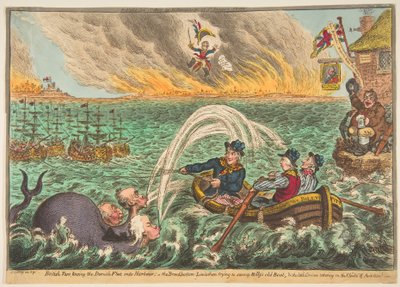 British Tars bogserar den danska flottan in i hamnen, den bredbottnade Leviathan t..., 1 oktober 1807. av James Gillray