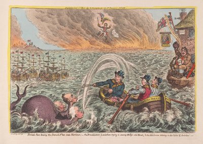 Brittiska Tars som bogserar den danska flottan in i hamnen: Leviathan med bred botten som försöker tränga in Billys gamla båt, & den lilla korsikaneren som vacklar på Ambitionsmolnen, pub. 1807 (handfärgad engra av James Gillray