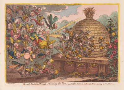 Drönare med bred botten som stormar kupan: getingar, bålgetingar och humlor går med i attacken, pub. 1808 (handfärgad gravyr) av James Gillray