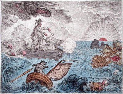 Bruin in his Boat, or The Manager in Distress, publicerad av Hannah Humphrey 1806 (handfärgad etsning) av James Gillray
