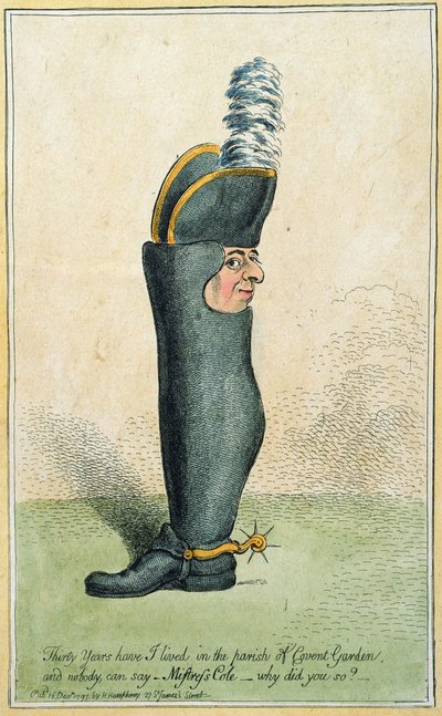 Tecknad serie som föreställer överste Justly Watson med en stövelkropp, publicerad av Hannah Humphrey 1797 (handfärgad etsning) av James Gillray