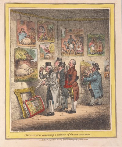 Konnässörer undersöker en samling av George Morlands, pub. 1807 (handfärgad gravyr) av James Gillray