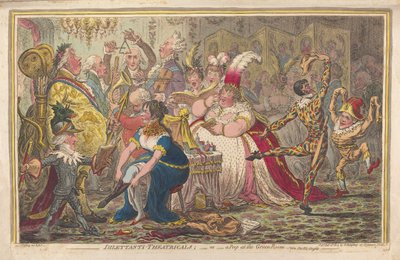 Dilettanti Theatricals eller en titt på Green Room, se. Pic-Nic-Orgies, pub. 1803 (handfärgad gravyr) av James Gillray