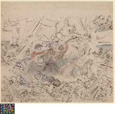 Holländska: Världens skådespel: Napoleonkrigen (recto).  Lista över motiv "värdiga de brittiska konstnärernas talang" (a tergo) av James Gillray