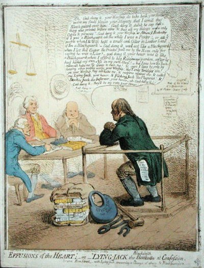 Effusions of the Heart, or Lying Jack the Blacksmith at Confession, publicerad av Hannah Humphrey 1795 för Philanthropic Society (handfärgad etsning) av James Gillray