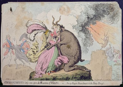 Förtrollningar som nyligen setts på berget Wales, eller Shon-ap-Morgans försoning med Fairy Princess, publicerad av Hannah Humphrey 1796 (handfärgad etsning) av James Gillray