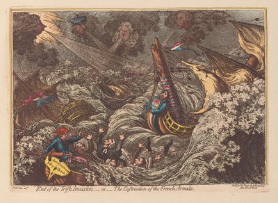 Slutet på den irländska invasionen eller Förstörelsen av den franska armadan, pub. 1797 (handfärgad gravyr) av James Gillray