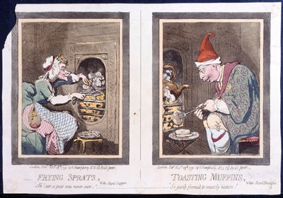Frying Sprats, or Royal Supper, och Toasting Muffins, or Royal Breakfast, utgiven av Hannah Humphrey 1791 (handkolorerad etsning). av James Gillray