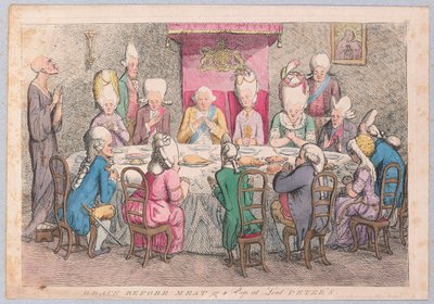 Grace before Meat or a Peep at Lord Peters, pub. 1779 (handfärgad gravyr) av James Gillray
