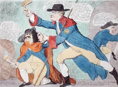 Guy Vaux upptäcktes i försöket att förstöra kungen och överhuset, publicerad av Hannah Humphrey 1791 (handfärgad etsning) av James Gillray