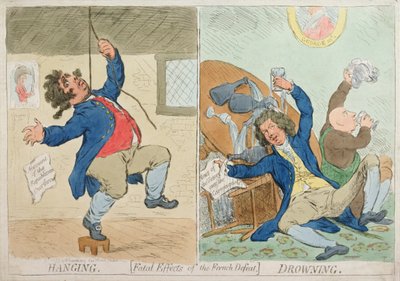 Hängning och drunkning, eller dödliga effekter av det franska nederlaget, publicerad av Hannah Humphrey 1795 (handfärgad etsning) av James Gillray