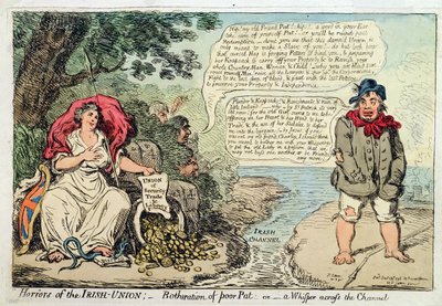 Den irländska unionens fasor: Botheration of Poor Pat, or A Whisper across the Channel, utgiven av Hannah Humphrey 1798 (handkolorerad etsning) av James Gillray