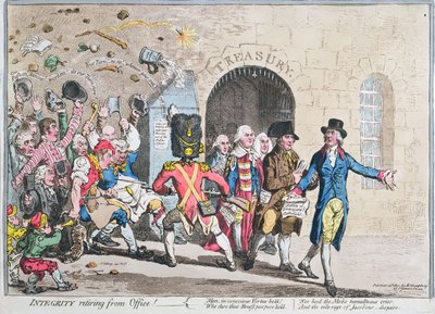 Integrity Retiring from Office, publicerad av Hannah Humphrey 1801 (handfärgad etsning med akvatint) av James Gillray