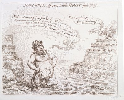 John Bull erbjuder Little Boney fair play, utgiven av Hannah Humphrey 1803 av James Gillray
