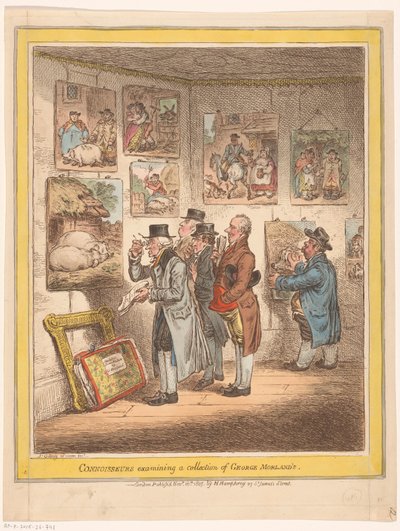 Konstkännare ser målningar av George Morland Konnässörer undersöker en samling av George Morlands (titel på objekt) av James Gillray