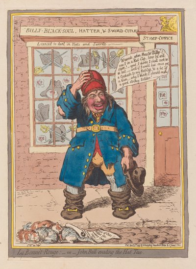 La Bonnet Rouge eller John Bull som undviker hattskatten, pub. 1797 (handfärgad gravyr) av James Gillray